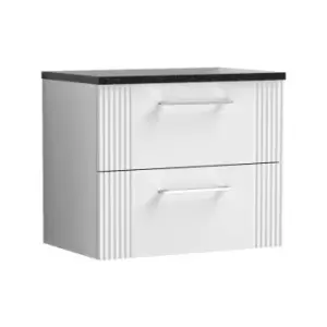 Nuie Deco Satin White 600mm Wall Hung 2 Drawer Vanity Unit with Sparkling Black Laminate Worktop - DPF193LSB - Satin White