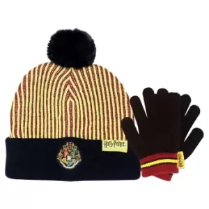 Harry Potter Boys Hogwarts Crest Beanie & Gloves Set (One Size) (Black/Yellow/Red)