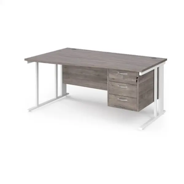 Maestro 25 left hand wave desk 1600mm wide with 3 drawer pedestal - white cable managed leg frame, grey oak top