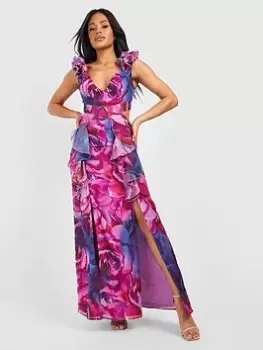 Boohoo Floral Ruffle Belted Chiffon Maxi Dress - Purple, Purple, Size 16, Women