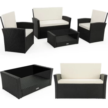 Poly Rattan Lounge Set 7cm (2.7 IN) Pads 2 Armchairs Bench Table Sofa Garden Balcony Pation Outdoor Furniture Black Cream - Casaria