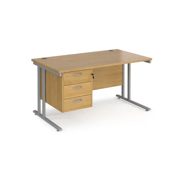 Maestro 25 Oak Straight Desk with 3 Drawer Pedestal and Silver Cantilever Leg Frame - 1400mm x 800mm