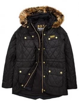 Barbour International Girls Enduro Quilted Faux Fur Hooded Coat - Black, Size 6-7 Years, Women