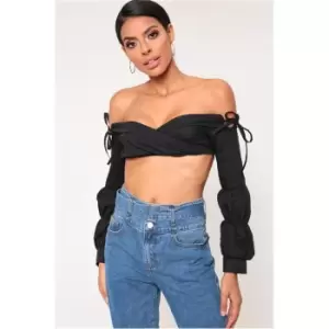 I Saw It First Black Wrap Front Crop Top With Puffed Sleeves - Black