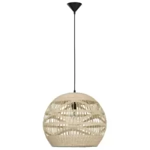 Merano - Land 48.5cm Dome Pendant Ceiling Light Natural Rattan Black Fabric Wire, Base LED E27