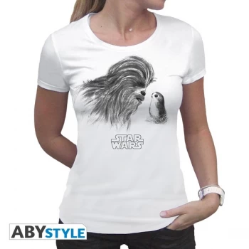 Star Wars - "Chewbacca Porg" Womans Medium SS T-Shirt - White