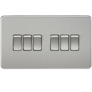 KnightsBridge 10A 6G 2 Way 230V Screwless Brushed Chrome Electric Wall Plate Switch