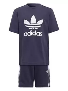 Boys, adidas Originals Kids Unisex Trefoil Short & Tee Set - Navy/White, Size 3-4 Years