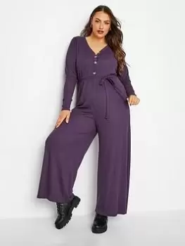 Yours Rib Wide Leg Jumpsuit Dark Purple, Purple, Size 30-32, Women