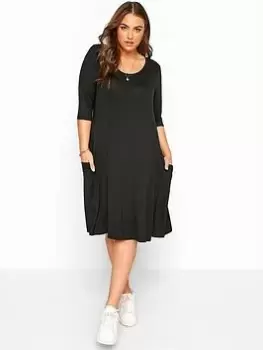 Yours Drape Pocket Dress with Three Quarter Sleeve - Black, Size 22, Women