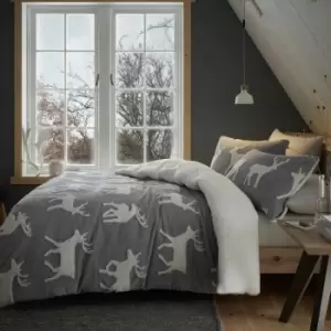 Catherine Lansfield Stag Sherpa Cosy So Soft Fleece Jacquard Duvet Cover Set, Grey, Super King