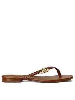 Lauren by Ralph Lauren Leather Branded Flip Flop - Deep Saddle Tan, Brown, Size 3, Women