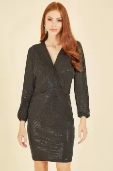 Black Sparkle Long Sleeve V Neck Fitted Dress