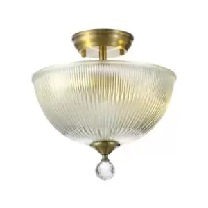 Luminosa Talisa 2 Light Semi Flush Ceiling Lamp E27 With Dome 30cm Glass Shade Antique Brass, Clear