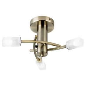 3 Light Semi Flush Multi Arm Ceiling Light Antique Brass, Acid Glass, G9