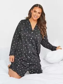 Yours Star Button Through Long Sleeve Nightdress - Charcoal Grey, Size 18-20, Women