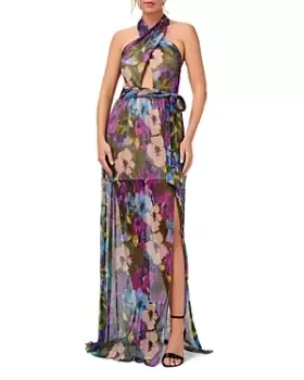 Aidan by Aidan Mattox Crinkle Mesh Floral Print Halter Dress