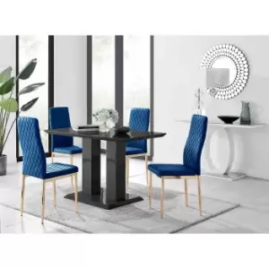 Furniture Box Imperia 4 Black Dining Table and 4 Navy Velvet Milan Gold Leg Chairs