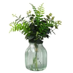 Faux Greenery in Pale Green Coloured Ribbed Glass Vase