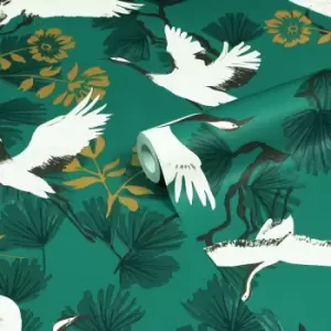 Furn. Demoiselle Jade Green Botanical Printed Wallpaper