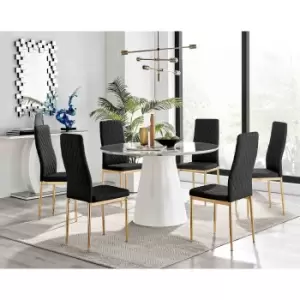 Furniture Box Palma White Marble Effect Round Dining Table and 6 Black Milan Gold Leg Chairs