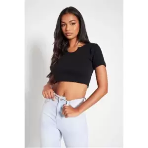 I Saw It First Black Rib Notch Front Short Sleeve Crop Top - Black