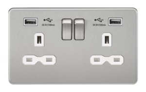 KnightsBridge 13A 2G Screwless Brushed Chrome 2G Switched Socket with Dual 5V USB Charger Ports - White Insert