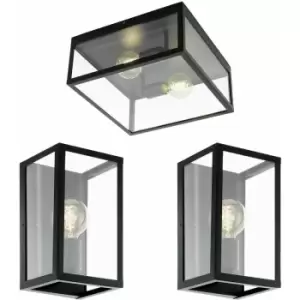 Low Ceiling Light & 2x Matching Wall Lights Black & Clear Glass Modern Box Lamp