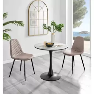 Furniture Box Elina White Marble Effect Round Dining Table and 2 Cappuccino Corona Black Leg Chairs