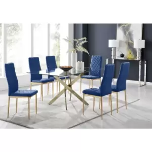 Furniturebox UK - Furniturebox Leonardo 6 Gold Leg Glass Dining Table and 6 Navy Milan Velvet Dining Chairs With Gold Legs Diamond Stitch Modern