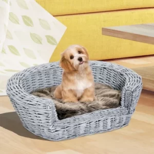 PawHut Pet Basket Sofa Bed, 57Lx46Wx17.5H cm, Willow Rattan-Grey