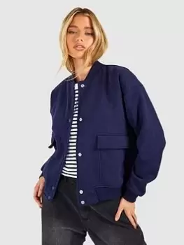 Boohoo Pocket Detail Bomber Jacket - Navy, Blue, Size 12, Women