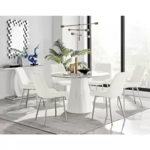 Furniturebox Palma White Marble Effect 120cm Round Minimalist Dining Table & 6 Cream Pesaro Silver Leg Velvet Chairs