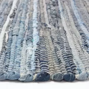 Blue Denim Handwoven Striped Chindi Rug, 66 x 200cm - Blue - Homescapes