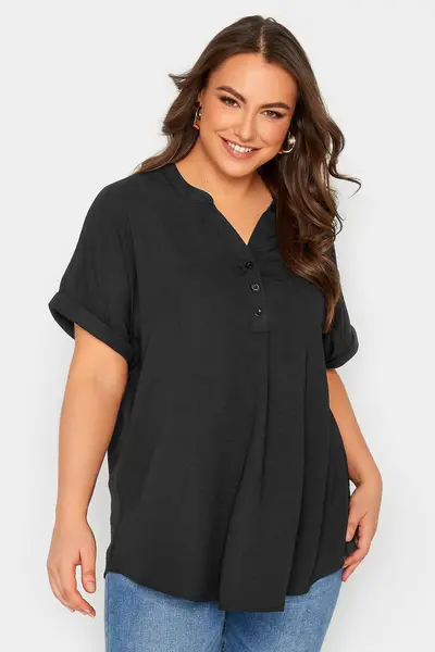 Yours Half Placket Short Sleeve Blouse Black