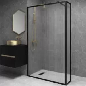 Black 1200mm Fluted Glass Wet Room Shower Screen with Wall Support Bar & Reutrn Panel - Volan