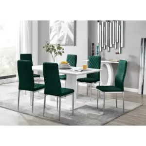 Furniturebox UK - Furniturebox Imperia 6 High Gloss White Modern Dining Table and 6 Green Milan Faux Leather Dining Chairs With Silver Legs Diamond