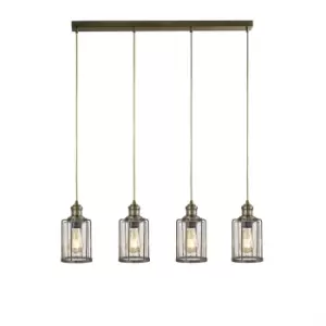 Pipes 4 Light Bar Pendant Antique Brass, Glass Shade, E27