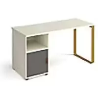 Rectangular Sleigh Frame Desk with Cupboard White Wood, Metal Sleigh Legs Brass Cairo 1400 x 600 x 730mm