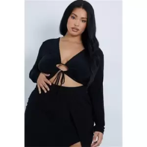 I Saw It First Black Plus Size Slinky Tie Front Long Sleeve Crop Top - Black