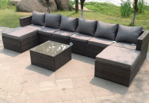 Fimous 6 Seater Outdoor Dark Grey Rattan Lounge Complete Sofa Set with Table and 2 Big Footstools