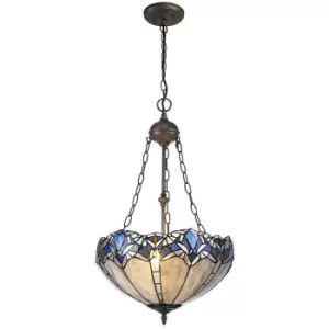 2 Light Uplighter Ceiling Pendant E27 With 40cm Tiffany Shade, Blue, Clear Crystal, Aged Antique Brass - Luminosa Lighting