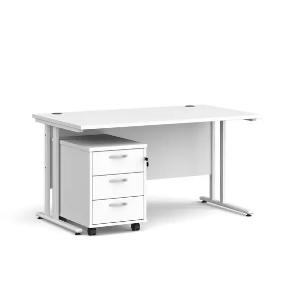 Maestro 25 Straight Desk White Frame White Table Top and 3 Drawer Pedestal - 1400mm