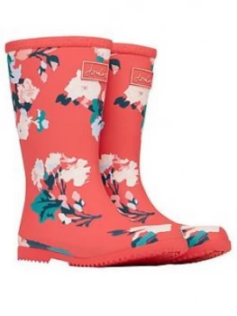 Joules Girls Floral Roll Up Wellington Boots - Red, Size 11 Younger