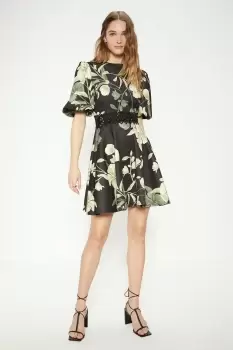 Floral Printed Scuba Lace Trim Skater Dress