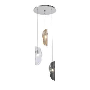 Marilla Ceiling Pendant 2m, 3 Light G9, Polished Chrome, Clear & Amber & Smoked Glass