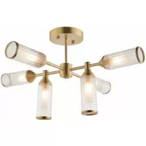 Loops - Brass Semi Flush 6 Bulb Ceiling Light - Ribbed Glass Shades & Frosted Diffusers