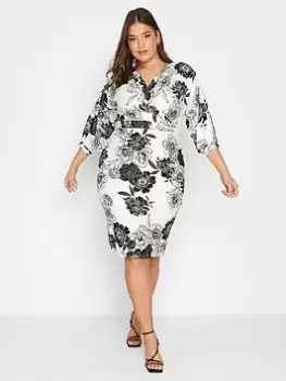 Yours Curve Pleat Drop Shoudler Floral Wrap Dress, White, Size 18, Women