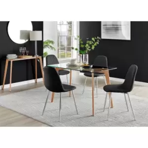 Furniture Box Malmo Glass and Wooden Leg Dining Table & 4 Black Corona Silver Chairs