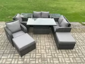 Fimous 6 Seater Outdoor Dark Grey Rattan Lounge Complete Sofa Set with Adjustable Dining Table and 2 Big Footstool